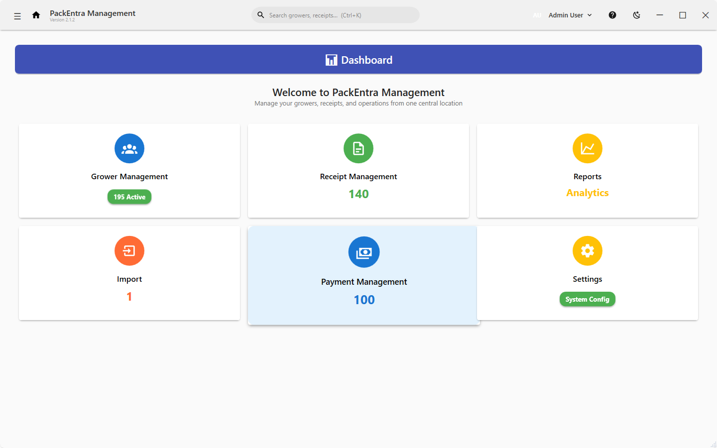 PackEntra dashboard showing grower, receipt, reporting, import, payment, and settings modules