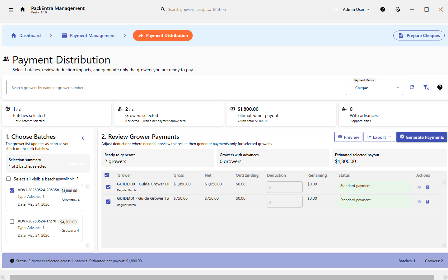 PackEntra Payment Distribution screen with batch selection, grower payment review, and payment generation controls